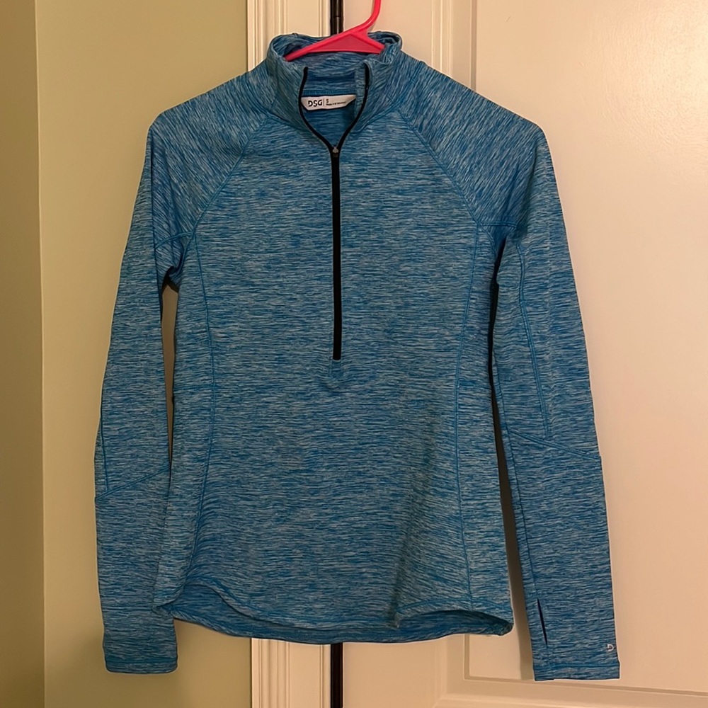 1/4 blue heather zip up with thump holes